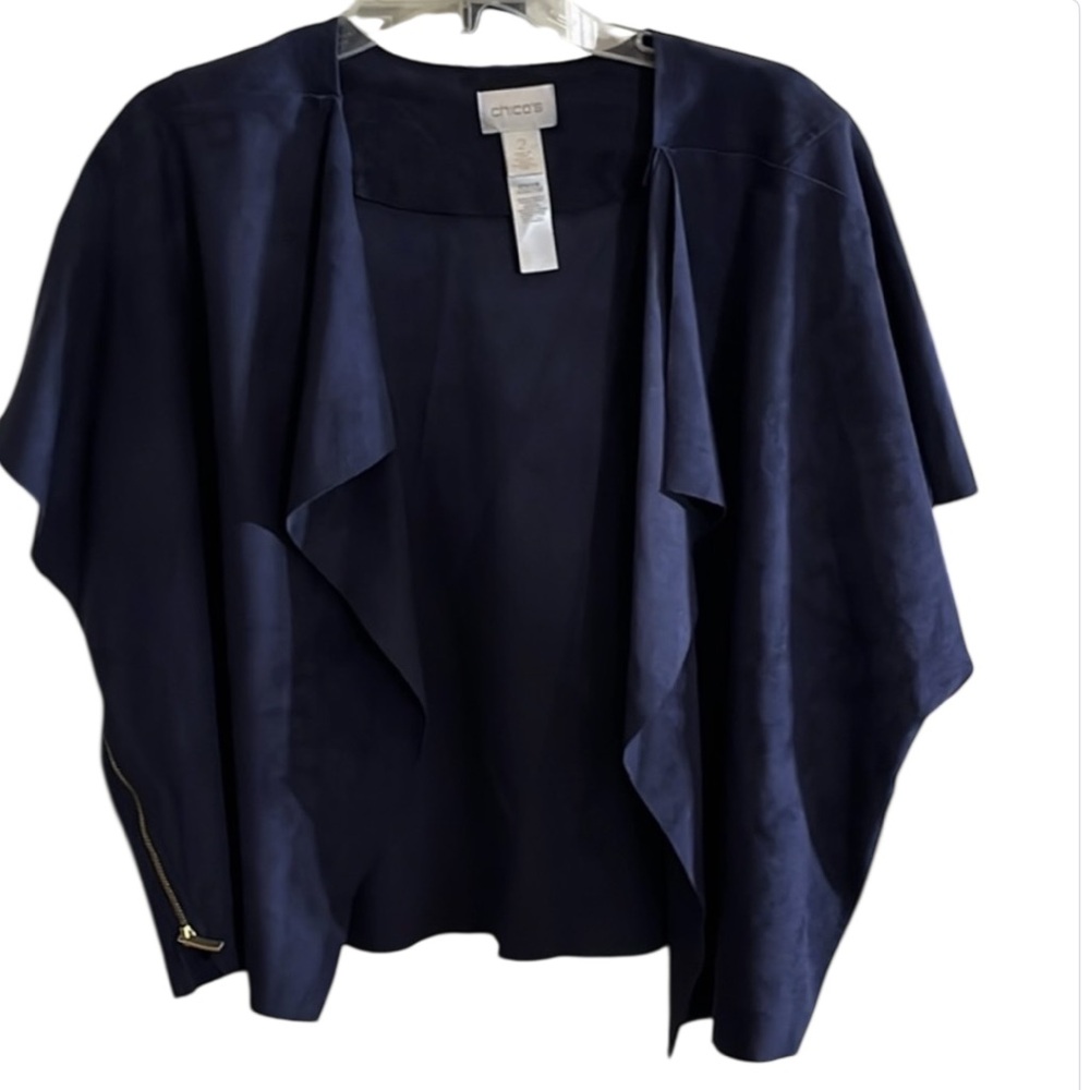 Chico’s size 12 navy faux / ultra suede short sleeve zipper detail open front